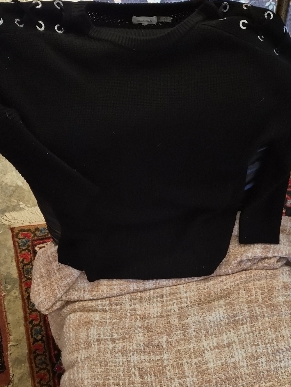 Calvin Klein Black Crewneck Sweater with Shoulder Laced-Eyelet Detail